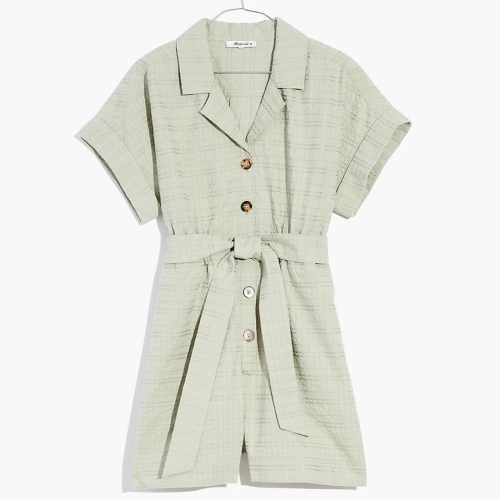 Madewell Seersucker Camp Romper in Ashen Sage XS